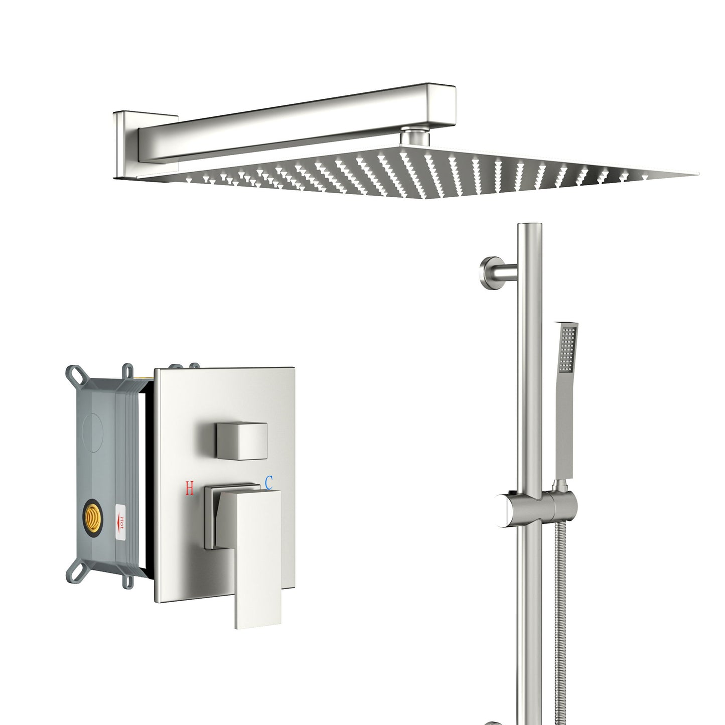 Wall Mounted Shower System With Adjustable Slide Bar And Rough In Valve, 12" Square Design - Brushed Nickel