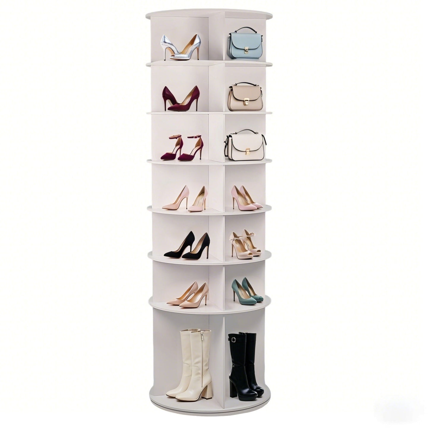 7 Tier Rotating Shoe Rack With High Base Design, Freestanding 360° Organizer For 28 Pairs - White