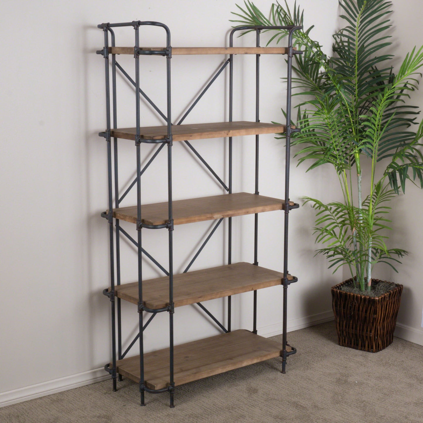 Yorktown - Industrial 5 Shelf Bookcase With Metal Pipework And Solid Fir - Natural