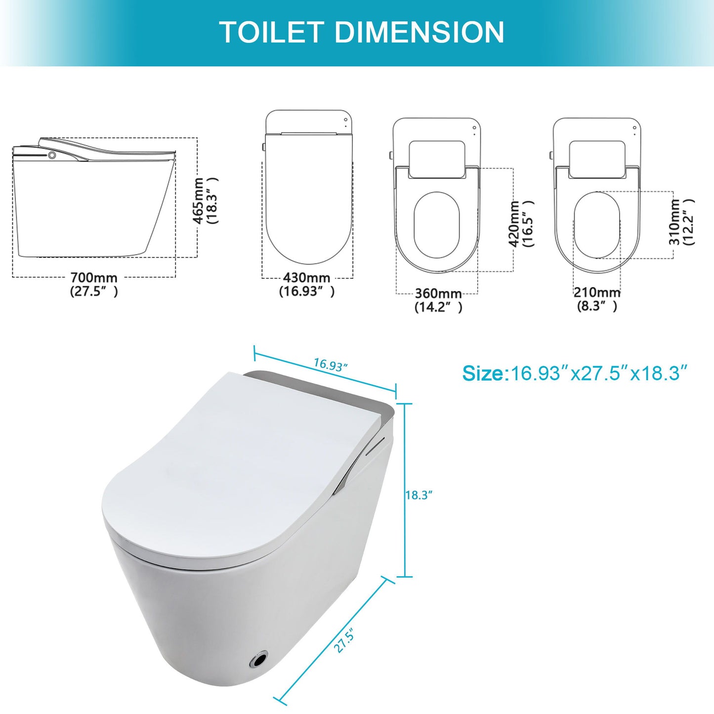 Smart Bidet Toilet Combo With Auto Open & Close, Heated Seat, Foot Sensor Flush, LED Display, Ceramic - White