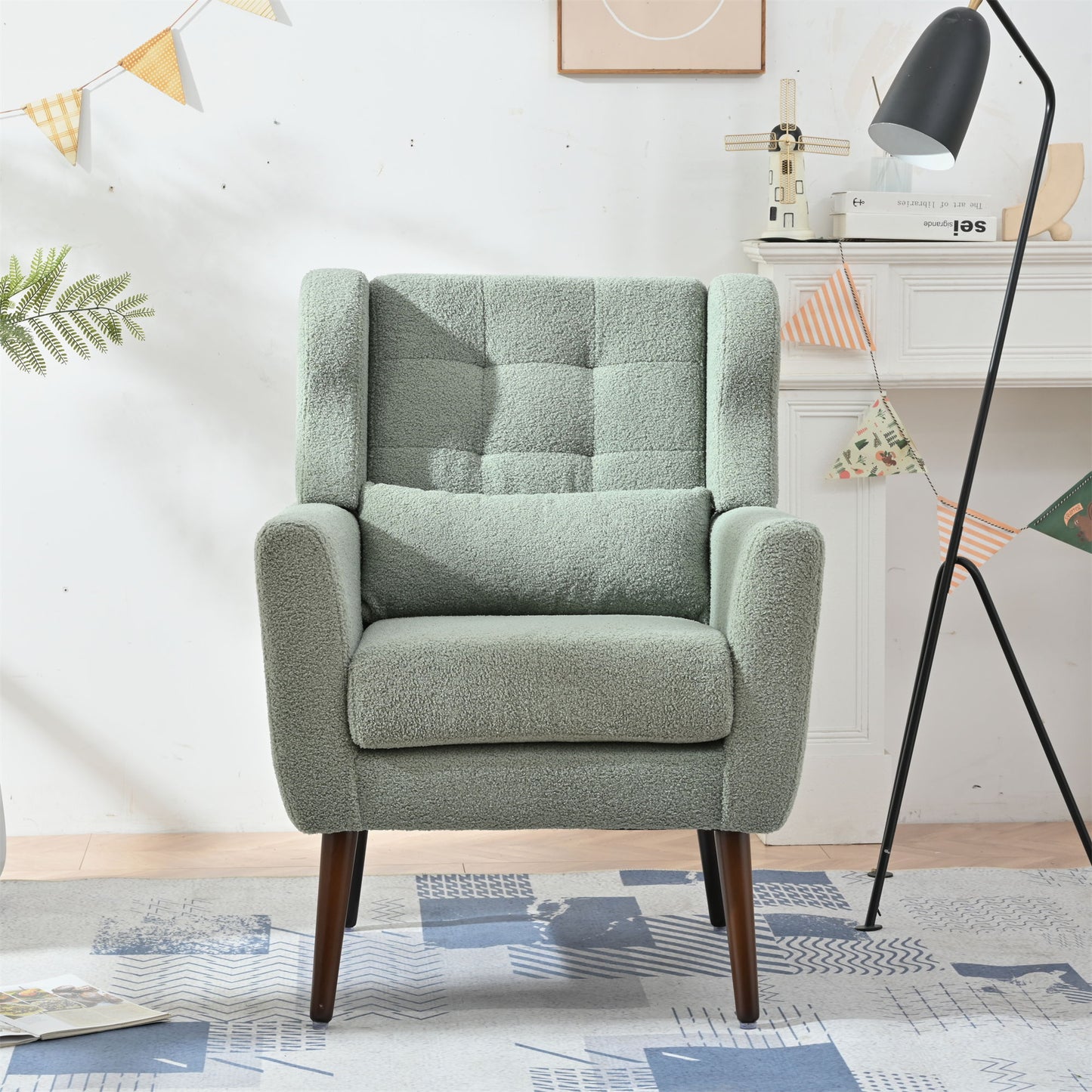 Modern Accent Chair, Teddy Fabric Living Room Chairs Comfy Reading Chair, Mid Century Accent Chair, Lounge Arm Chairs Armchair For Living Room Bedroom - Light Green