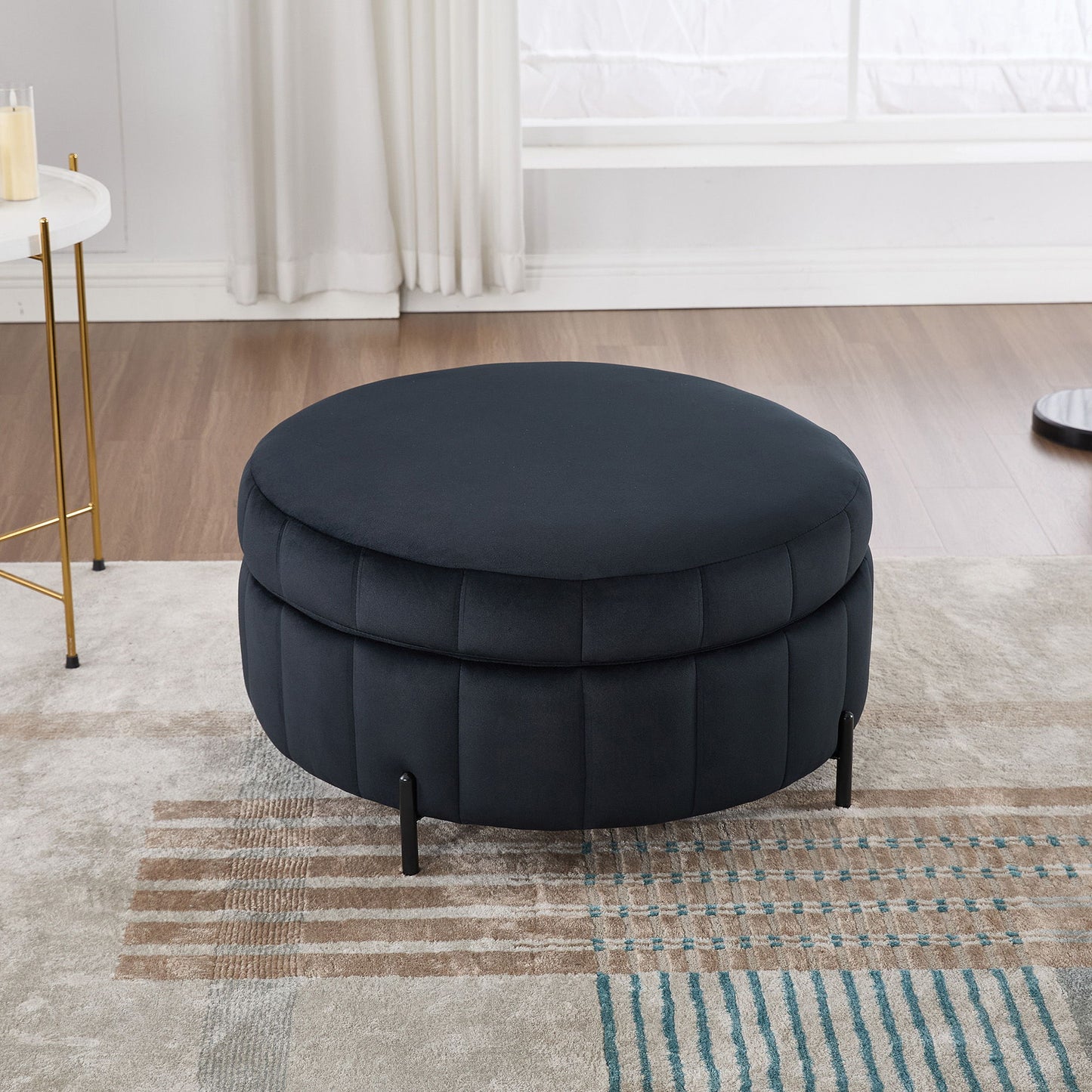 Upholstered Round Ottoman With Reversible Lid, Channel Tufted Pumpkin Shape