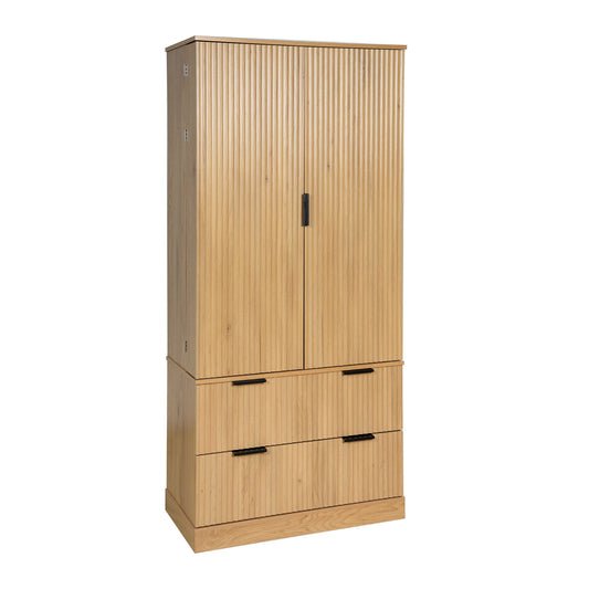 Fluted Kitchen Pantry Cabinet With 2 Large Drawers & 8 Door Spice Rack Freestanding Storage Organizer - Oak