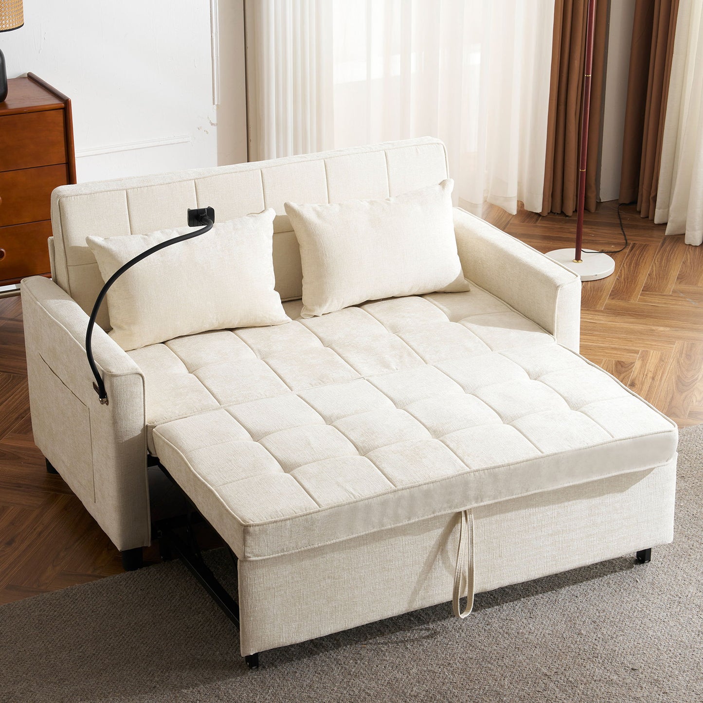 Pull-Out Sleeper Sofa With Reversible Backrest Cushion, Side Pockets, 2 USB Ports And A Phone Holder For Living Room
