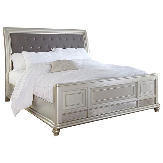 Queen Bed with Upholstered Sleigh Headboard and Silver Finish Frame