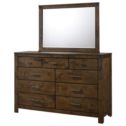 Rustic 9 Drawer Dresser and Beveled Mirror Combo