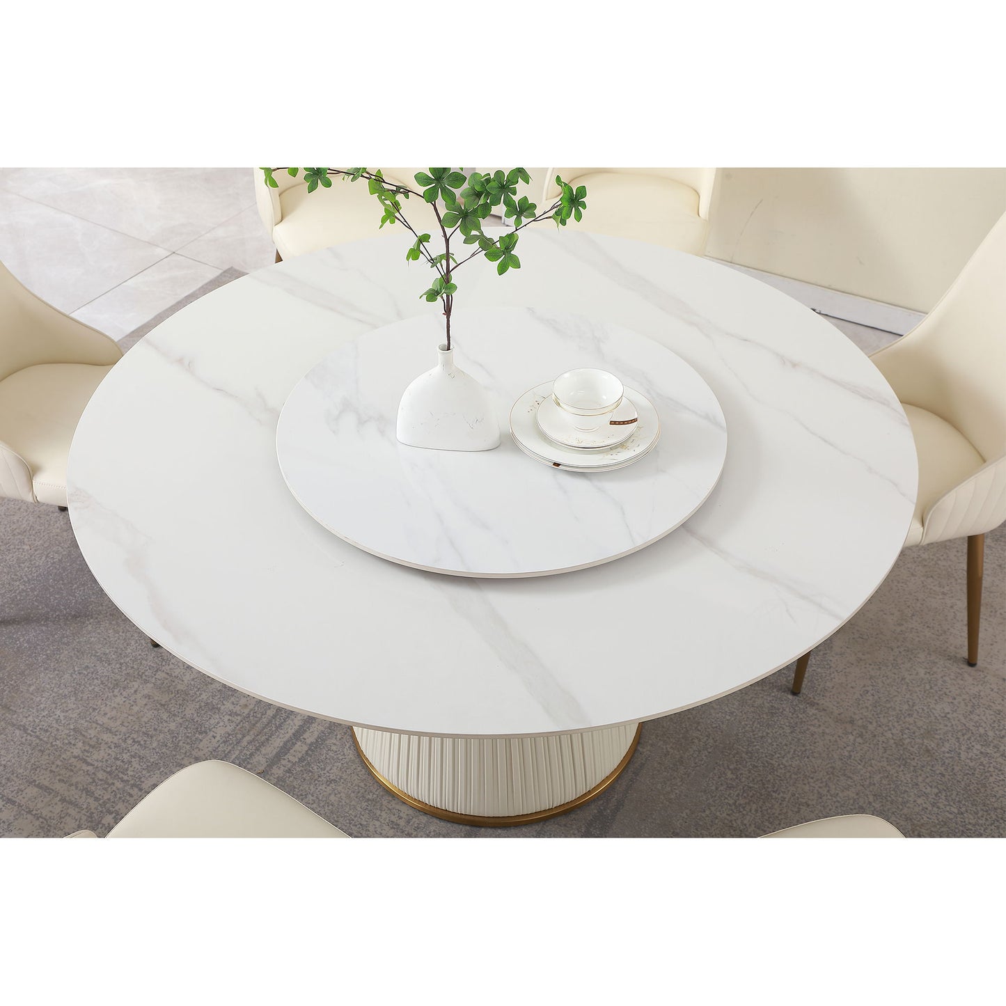 Modern Sintered Stone Dining Table With Turntable And Wood Metal Pedestal With 4 Chairs - Beige / White