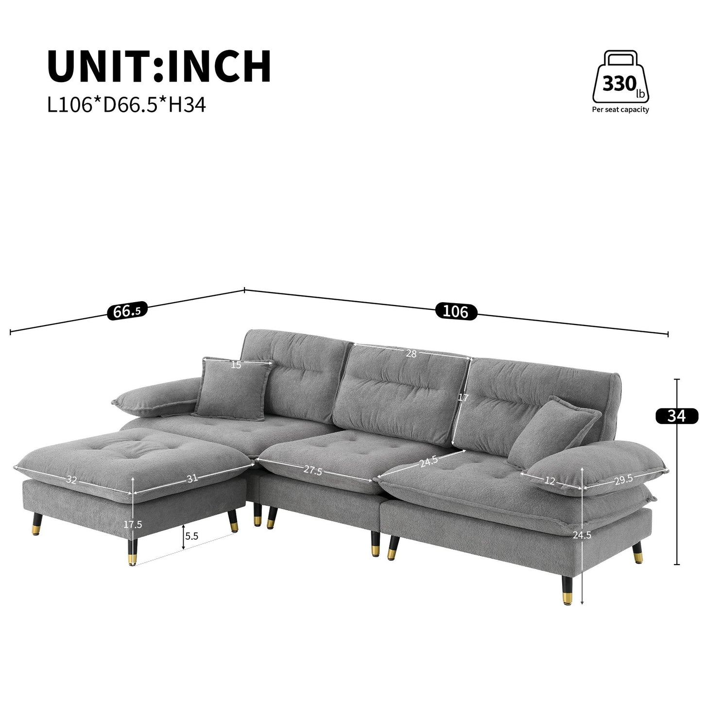 L Shaped Convertible Sectional Sofa 4 Seat Tufted Couch Set With Two Tone Adjust Legs Cloud Movable Ottoman