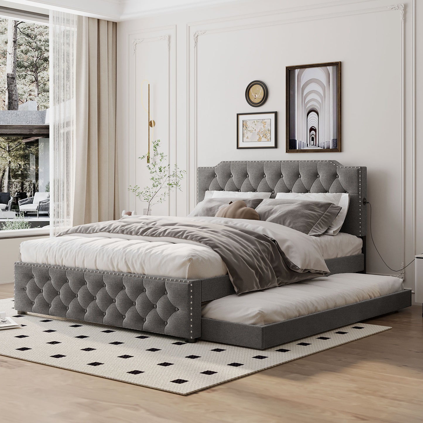 Upholstered Platform Bed With Trundle And 2 Sets Of USB Ports On Each Side, Linen Fabric