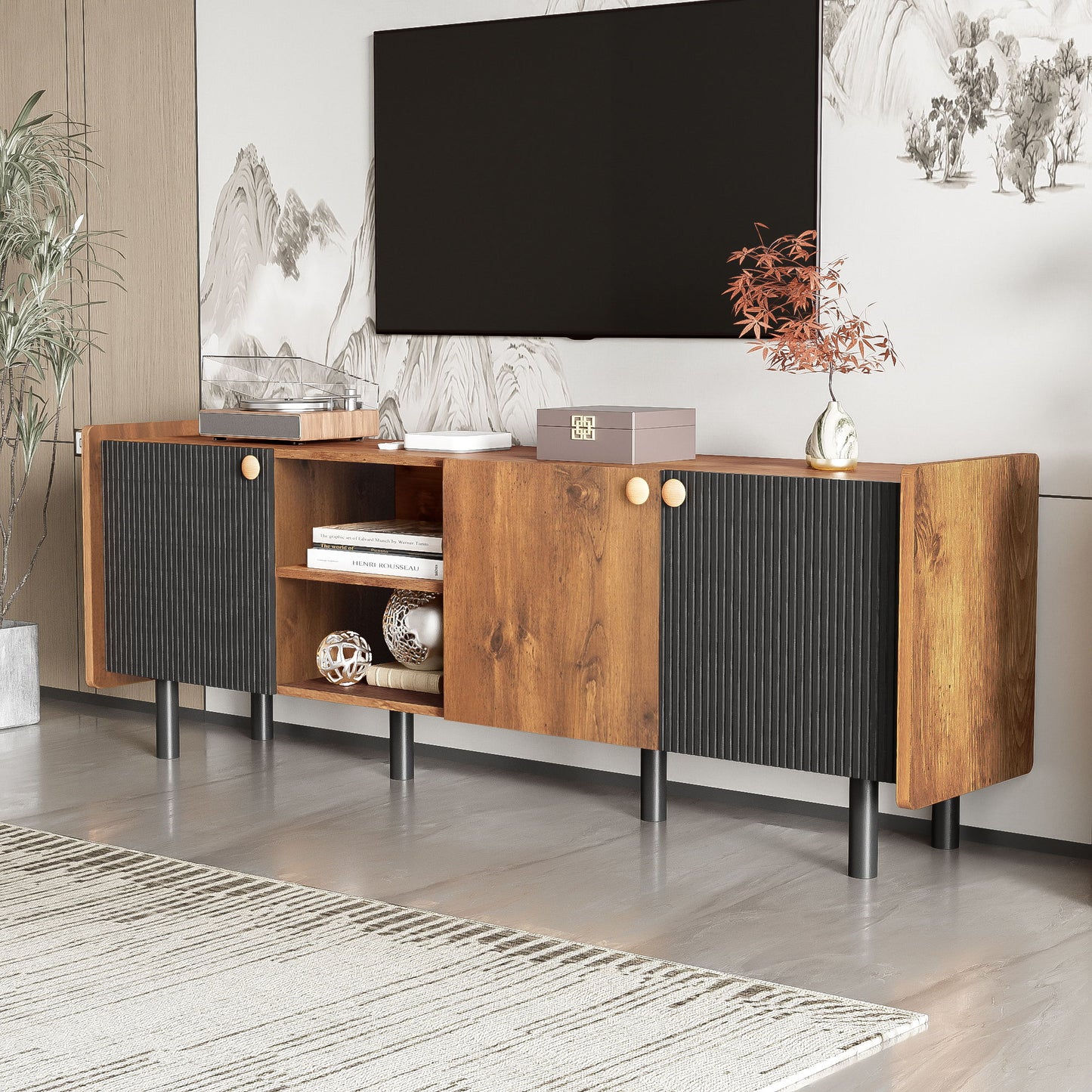 Mid Century TV Stand & 3 Cabinets, Media Console Table For Tvs Up To 70'', Entertainment Center With Storage For Living Room - Black / Brown