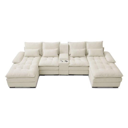 U Shaped Sofa With Console And Cupholders, 6 Seat