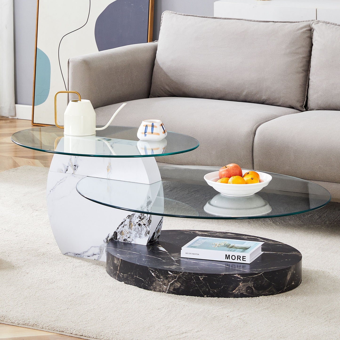 Contemporary Artistic Double Layer Coffee Table,Tempered Glass Top