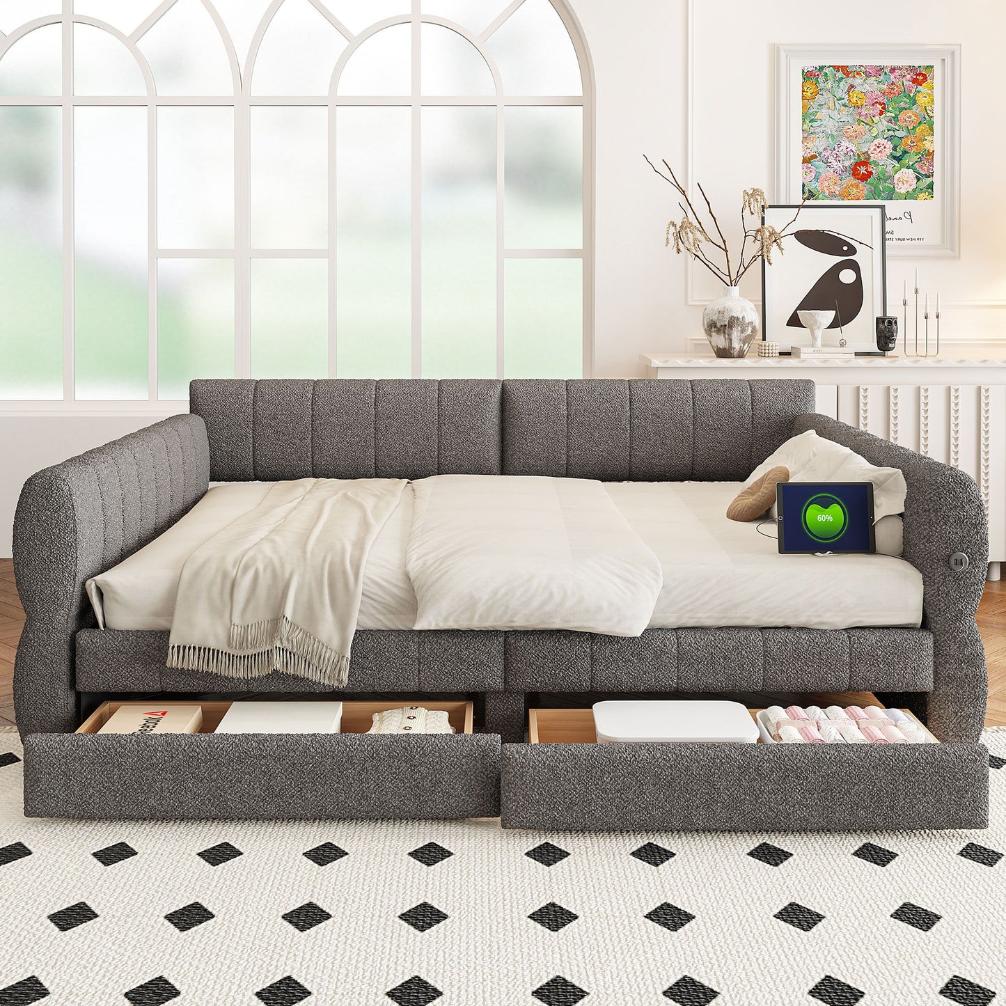 Upholstered Platform Bed With USB And 2 Drawers