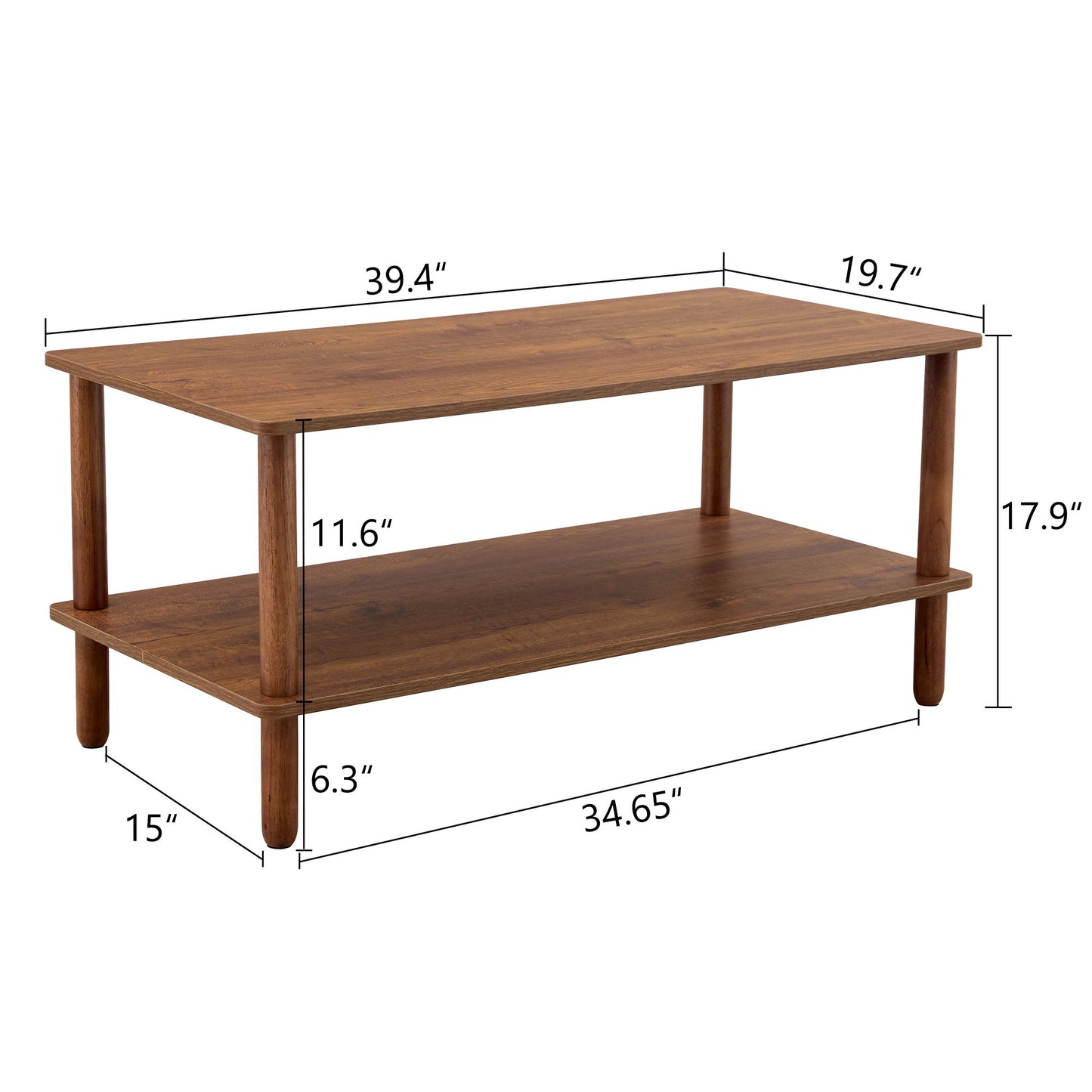 Modern 2 Tier, Rectangular Center Coffee Table With Open Storage Shelf, Rounded Legs
