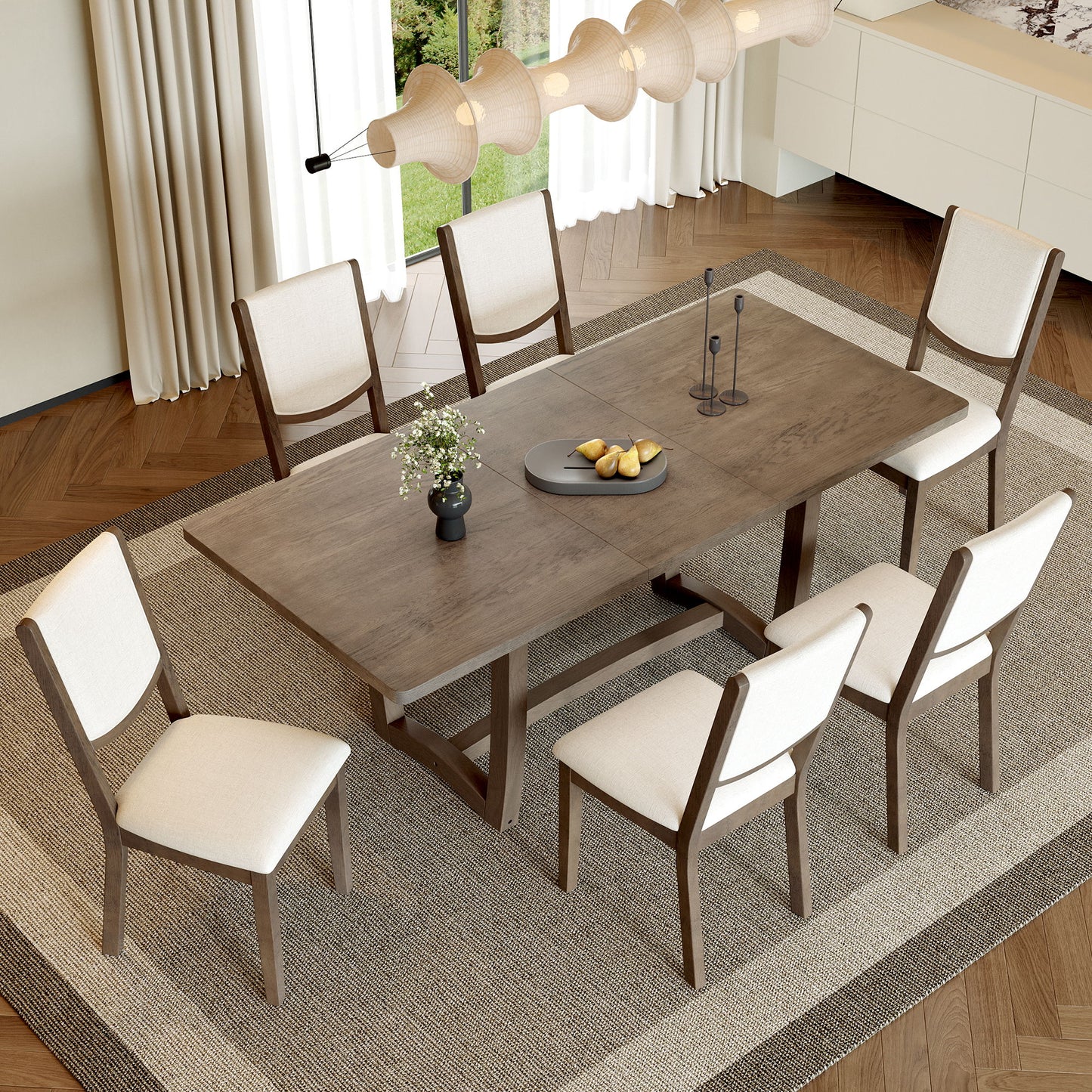 Rectangular Extendable Dining Table Set With 6 Upholstered Chairs