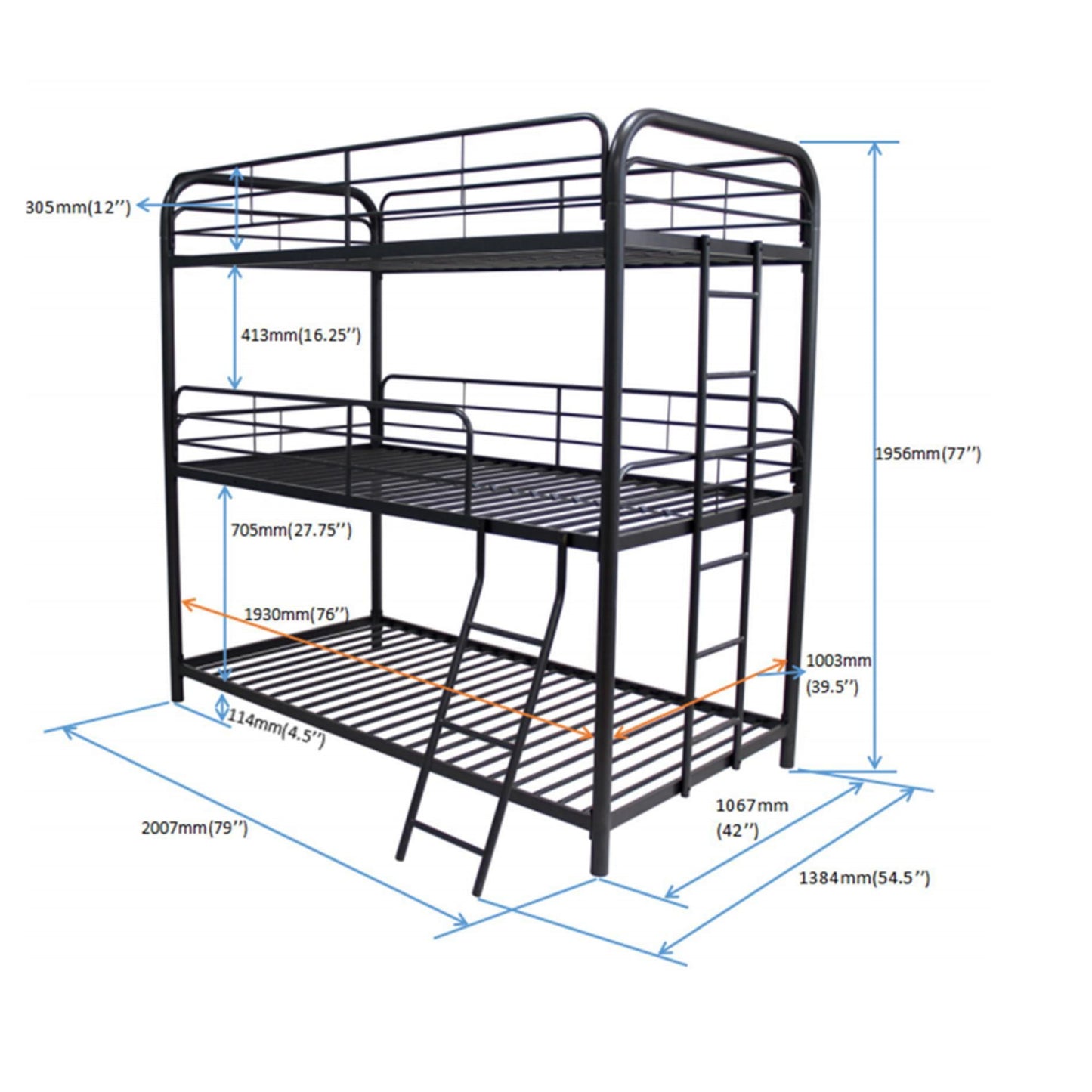 Modern Triple Bunk Bed, Durable Metal Frame