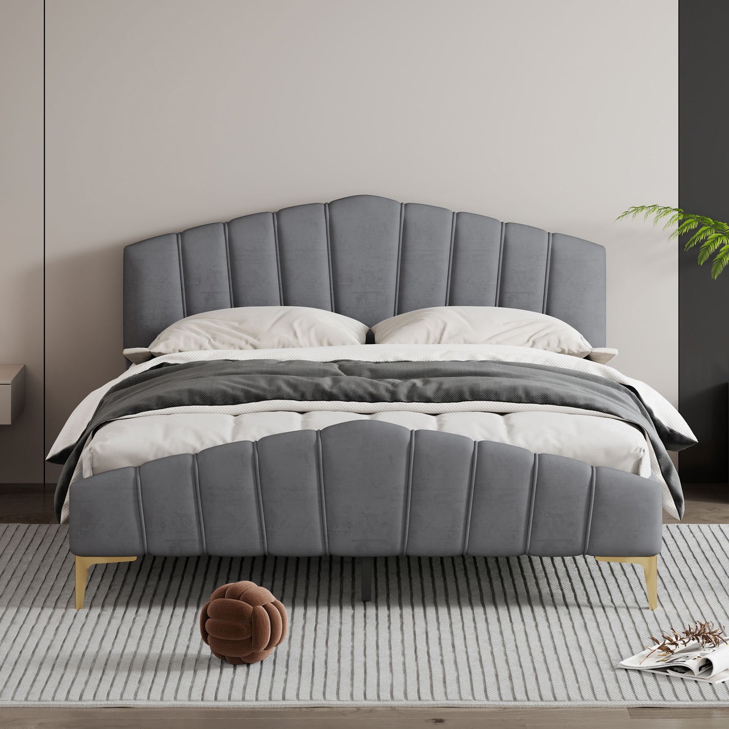 Platform Bed With Thick, Stylish Stripe Decorated Bedboard And Elegant Leg