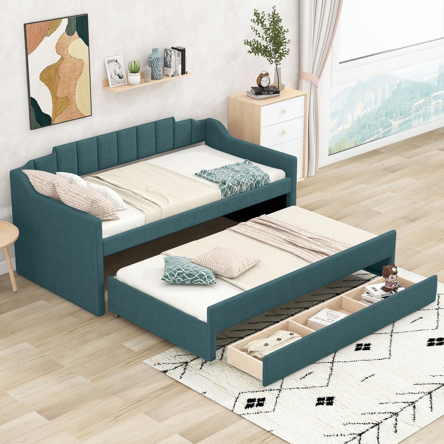Upholstered Simple Design Daybed With Trundle And 3 Drawers
