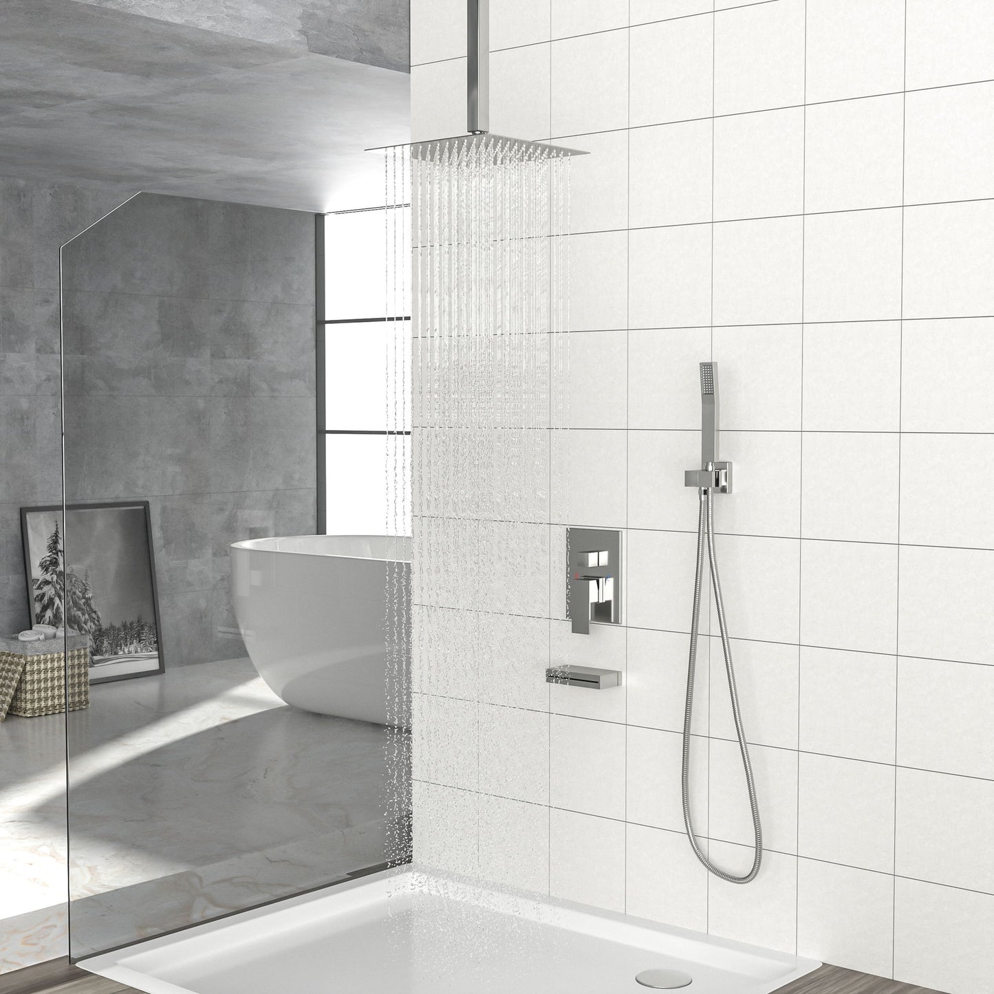12" Ceiling Mount Square Shower System With Waterfall Tub Spout And Handheld Shower