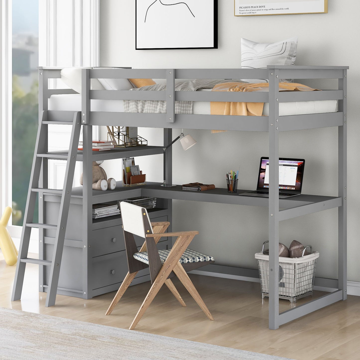 Modern Loft Bed With Built In Desk, Shelves, And 2 Drawers