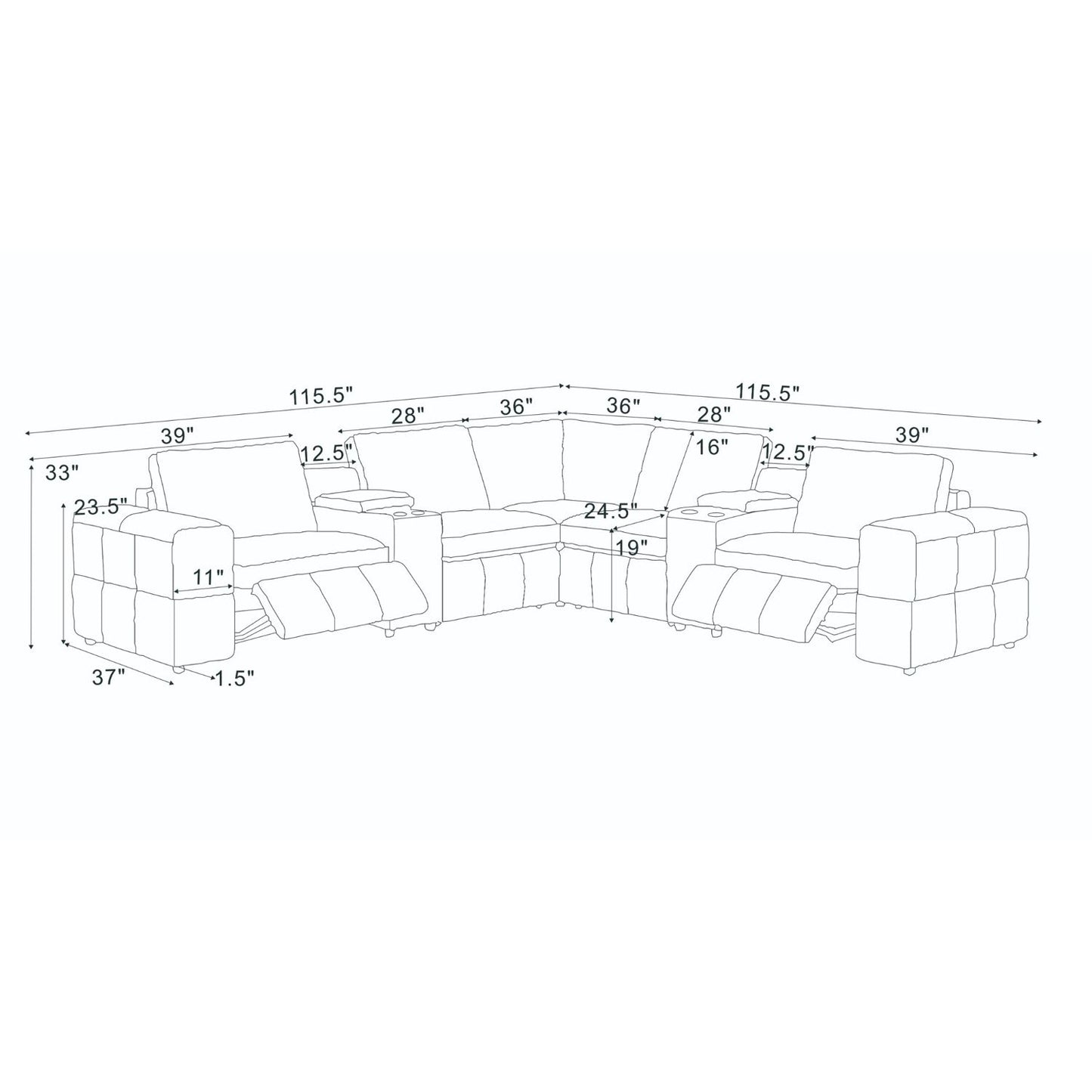 Upholstered Large Arms Sectional With Recliner Seats