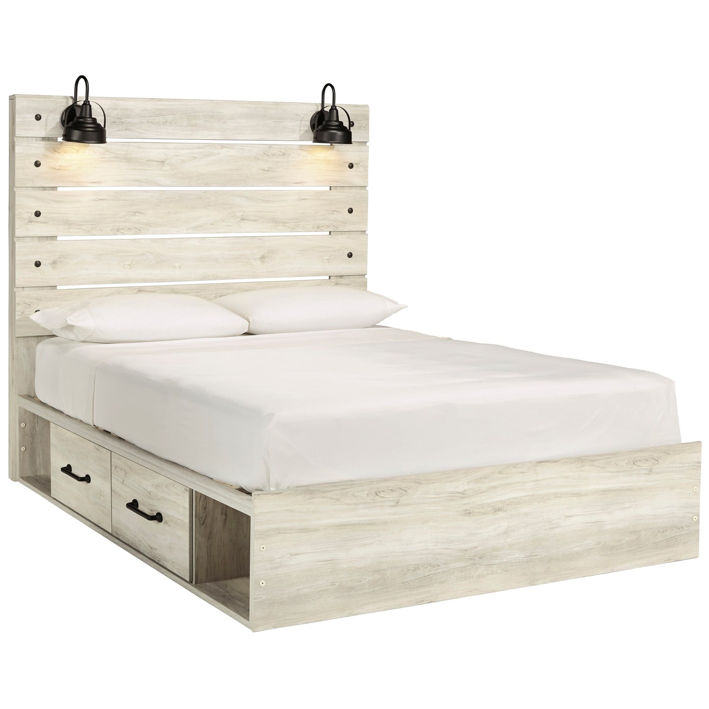 Rustic Queen Storage Bed with 4 Drawers & Industrial Lights