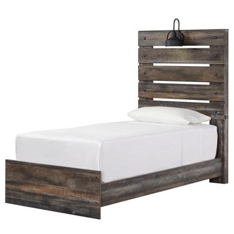 Rustic Twin Panel Bed with Industrial Light