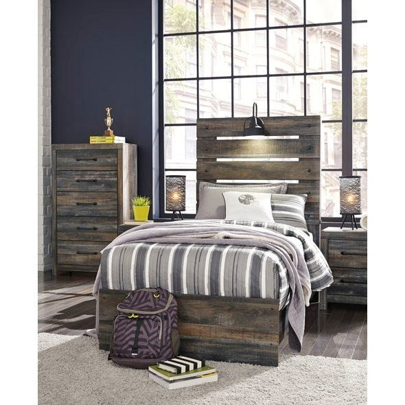 Rustic Twin Panel Bed with Industrial Light