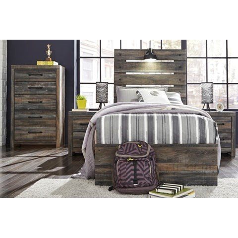 Rustic Twin Panel Bed with Industrial Light