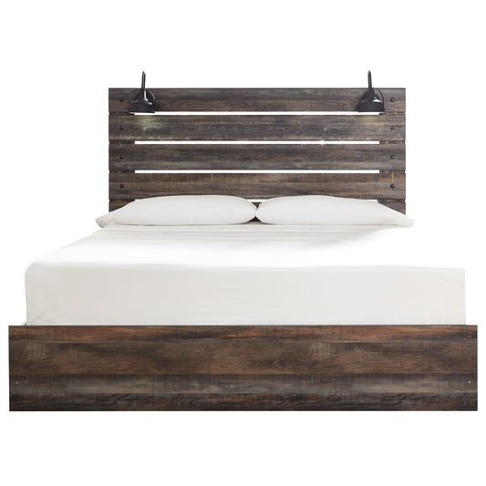 Rustic King Panel Bed with Industrial Lights