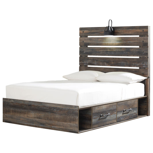 Rustic Full Storage Bed with 2 Drawers & Industrial Light