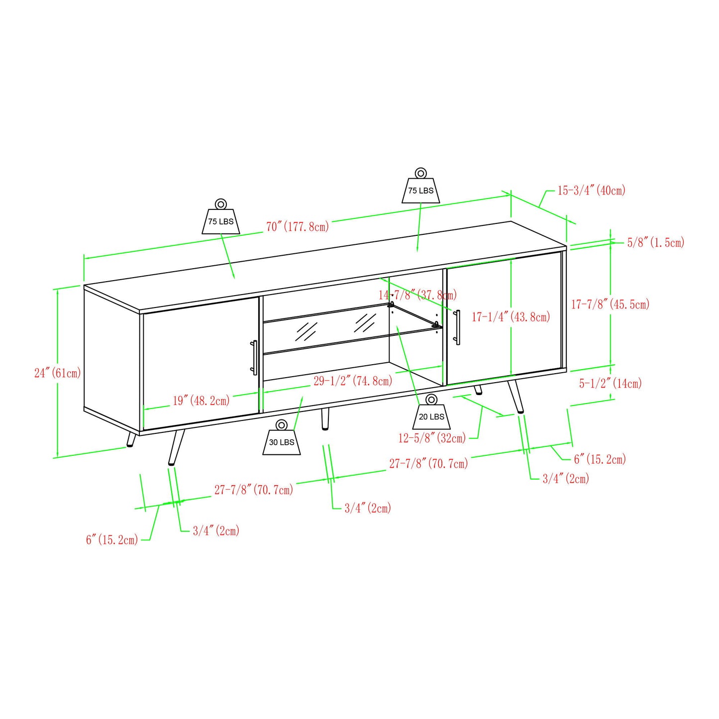 Mid-Century Modern 2 Door TV Stand With Glass Shelf