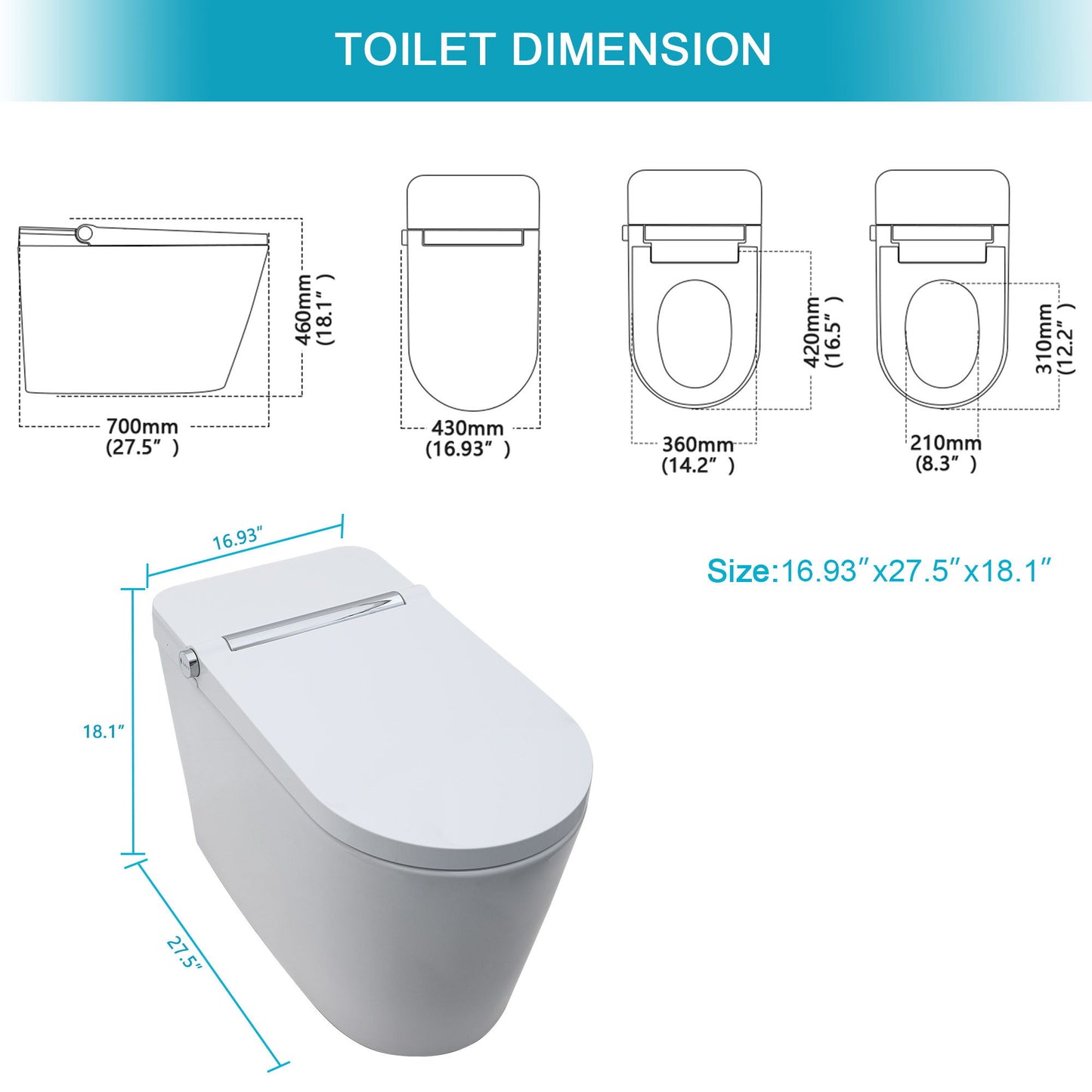 Smart Toilet With Bidet Built In, Auto Open & Close, Elongated Heated Seat, Foot Sensor Flush, LED Display, Warm Water Wash - White