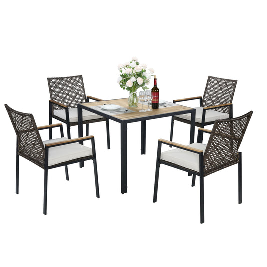 5 Piece Patio Dining Table Set, Acacia Wood Table Top With Umbrella Hole