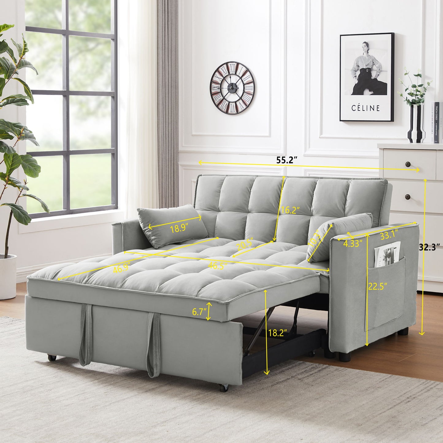Modern Convertible Velvet Futon Loveseat With Sleeper Bed Function