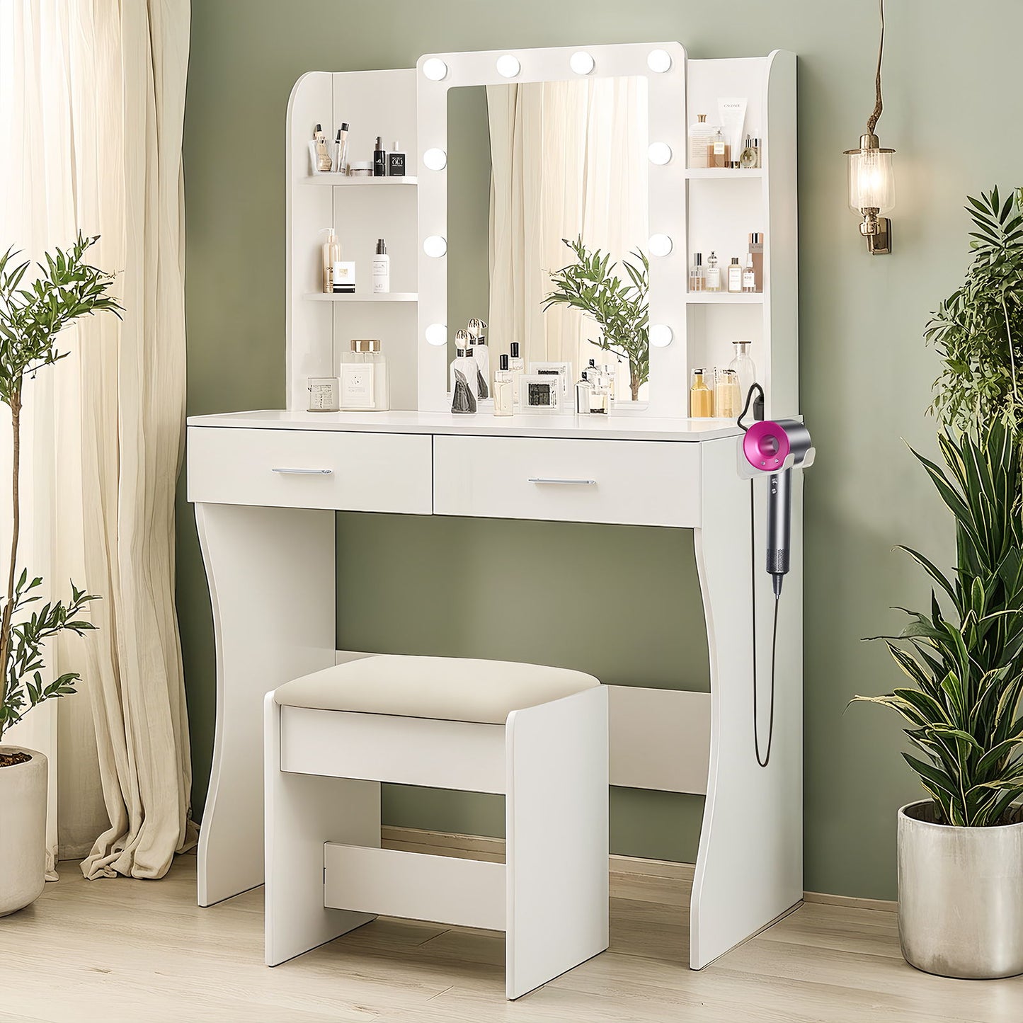 Vanity Desk Set With Mirror & Adjustable Lights Power Outlet And Hair Dryer Rack 2 Drawers And 6 Shelves Includes Cushioned Stool - White