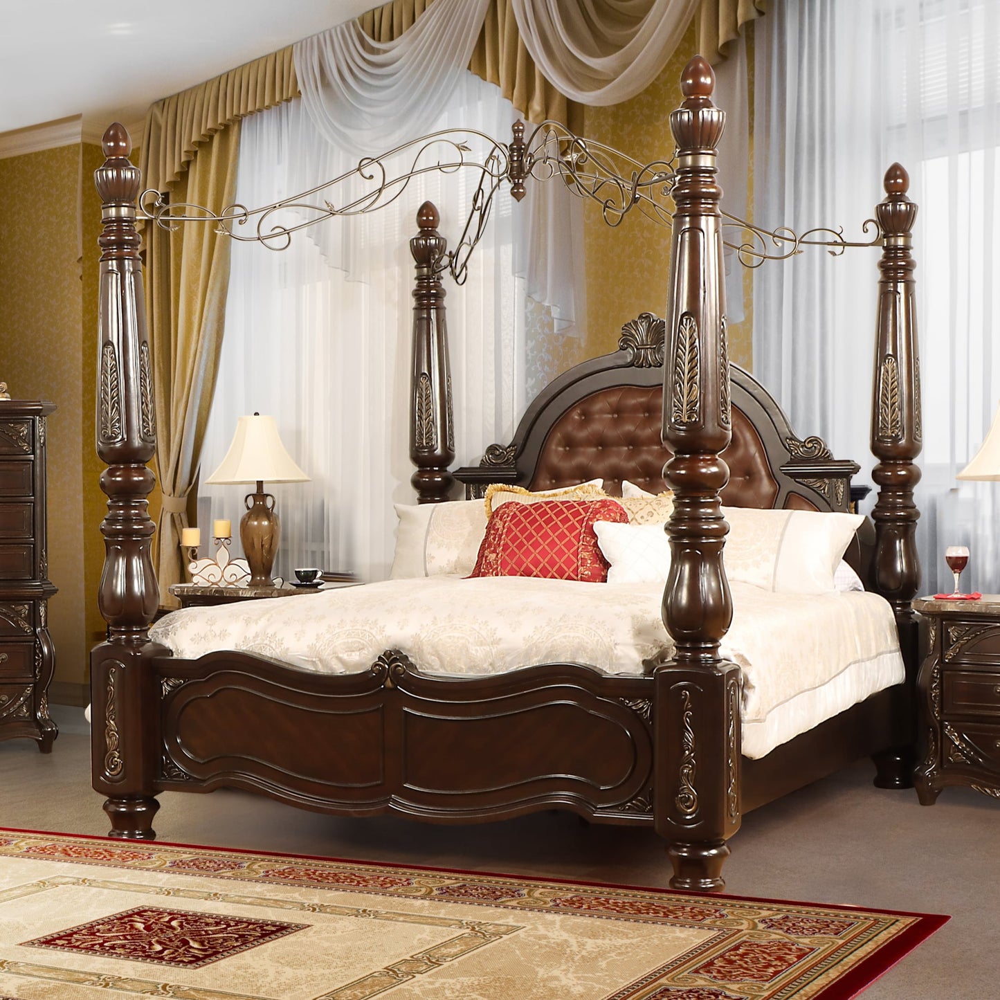 Traditional Queen Poster Bed with Upholstered Headboard