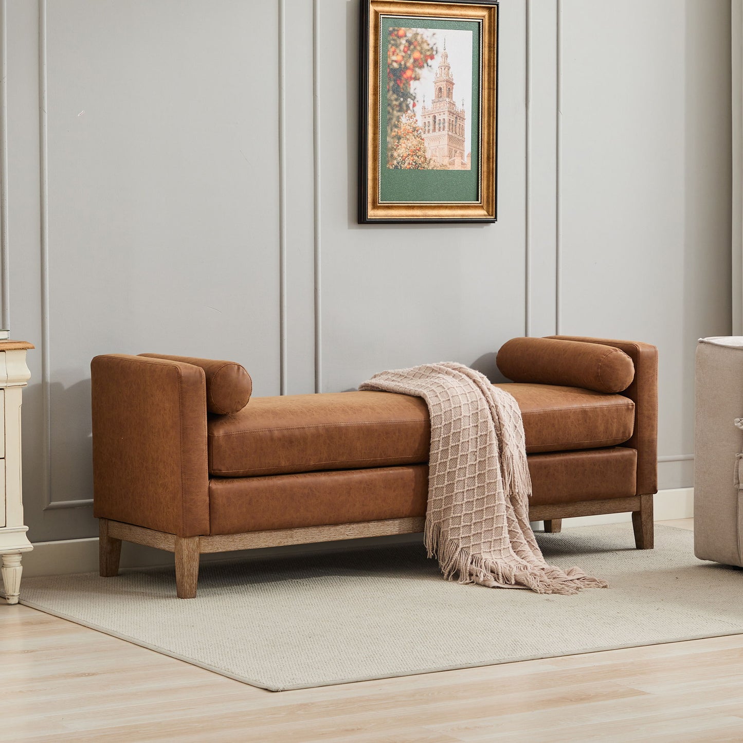 Elegant Upholstered Bench Daybed Ottoman With Bolster Pillows