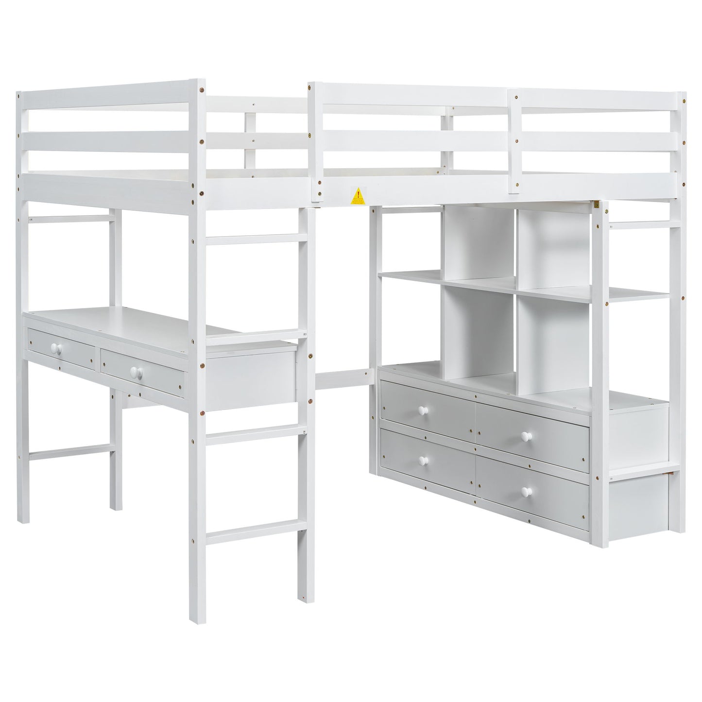 Full Size Loft Bed With Built In Desk, 2 Drawers, Storage Shelves - White