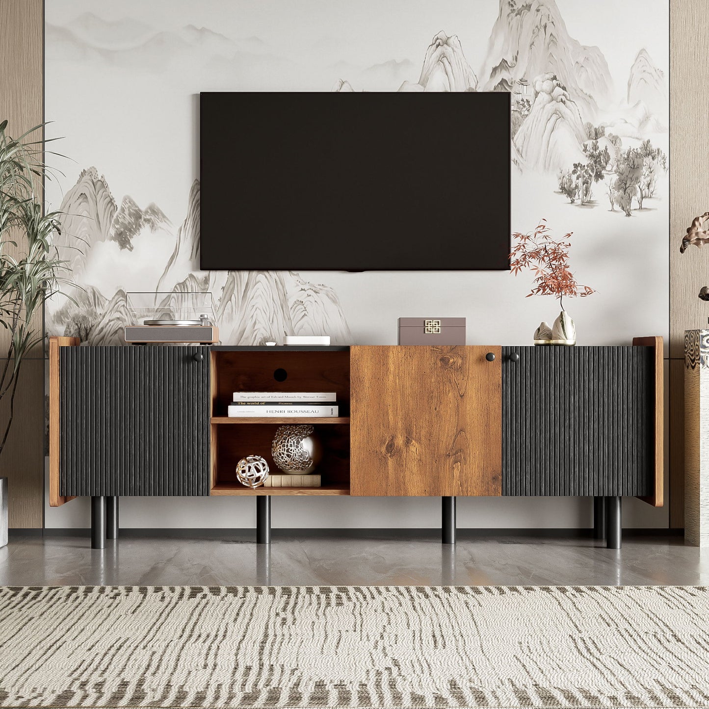 Mid Century TV Stand With 3 Cabinets, Media Console Table For Tvs Up To 70'', Entertainment Center With Storage For Living Room - Black / Brown