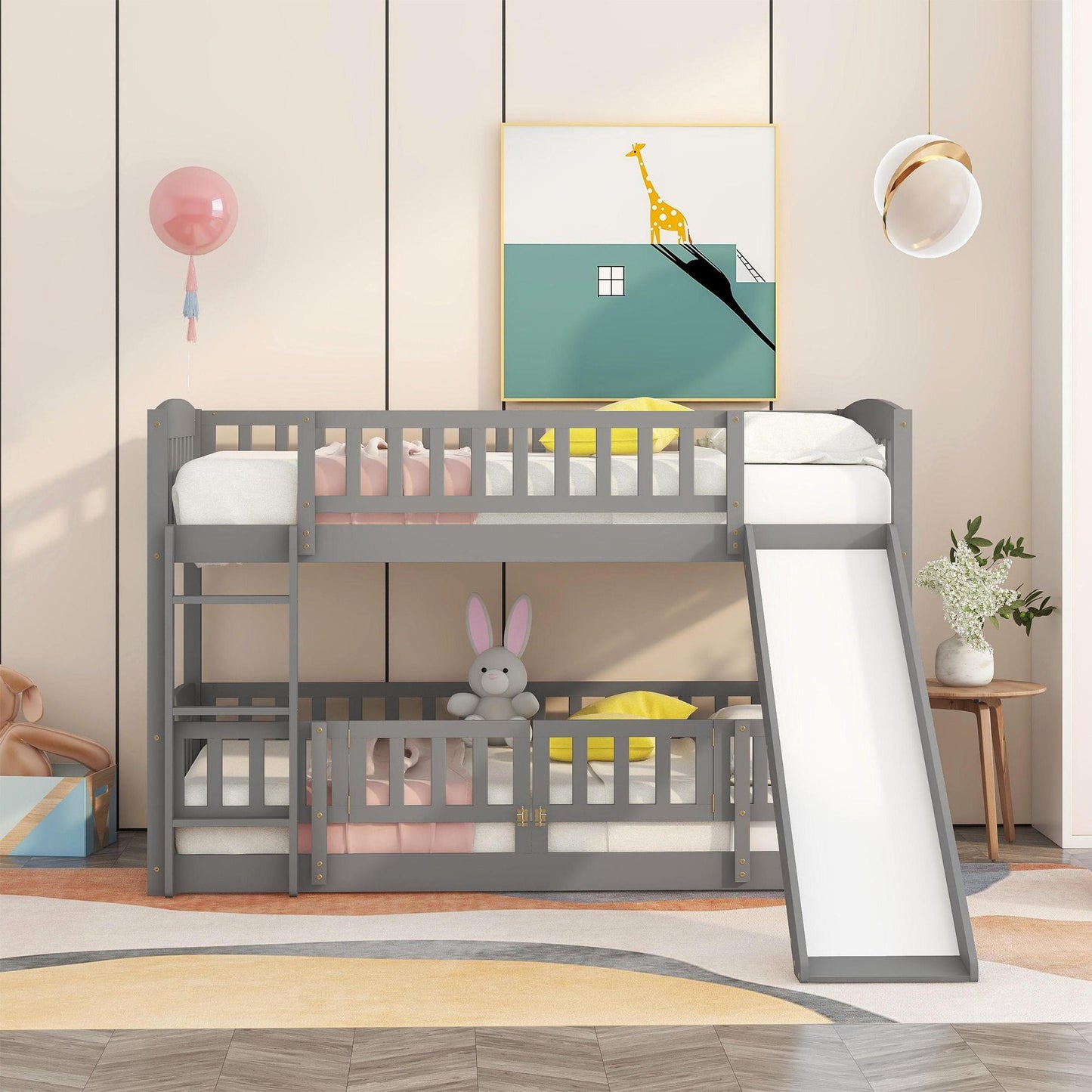 Low Bunk Bed With Slide, Fence And Ladder