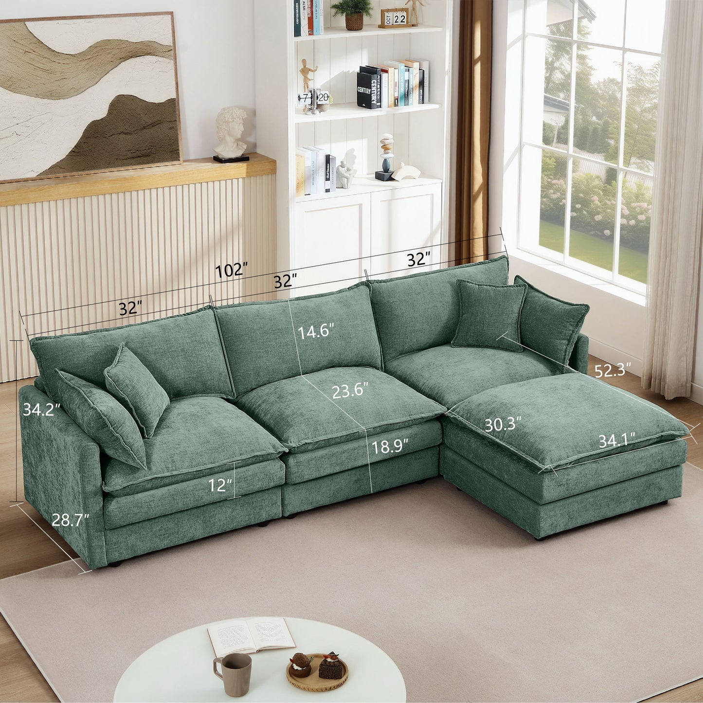 L Shaped Modular Sectional Sofa With Movable Ottoman, 3 Seater Comfortable Seating
