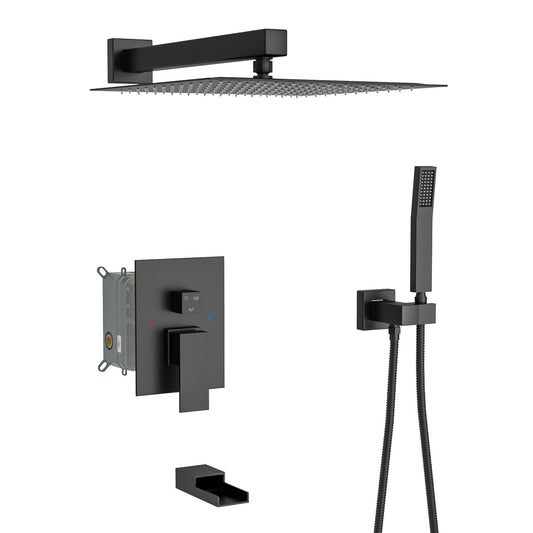 Wall Mounted Square Shower System With Waterfall Tub Spout, 12" Rainfall Shower Head And Handheld Shower - Matte Black
