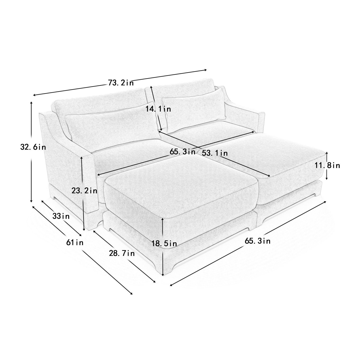 Stylish Sofa With Ottoman And Lumbar Pillows, Ergonomic Design