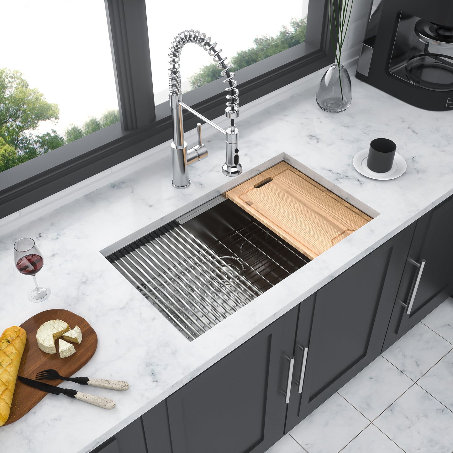 32" Undermount Kitchen Sink Brushed Nickel 16 Gauge Stainless Steel Single Bowl With Ledge Workstation, 32 X 19 X 9 Inch