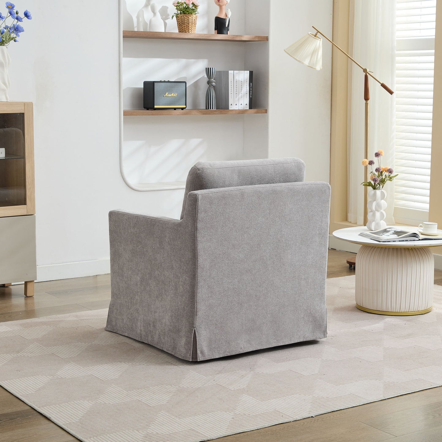 Upholstered Skirted Swivel Chair With Removable Back Cushion For Living Room