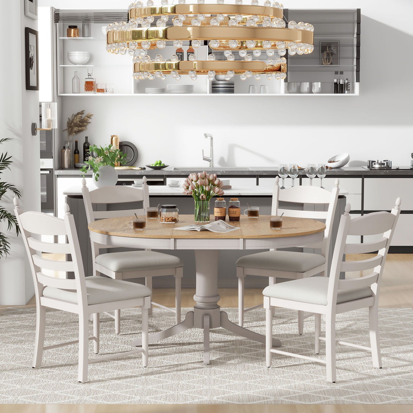 5 Piece Retro Functional Dining Table Set With Extendable Round Table And Upholstered Chairs