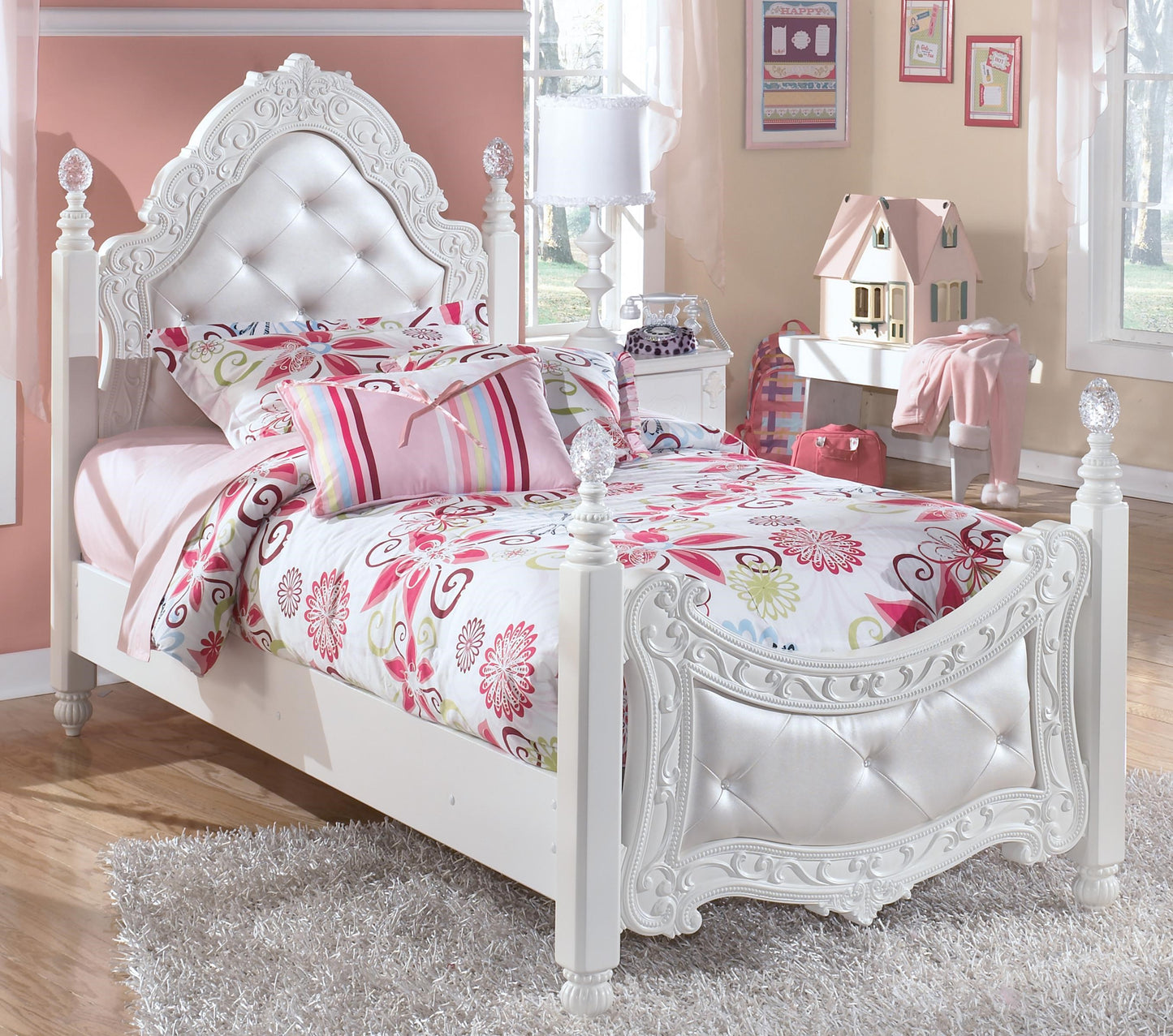 Twin Ornate Poster Bed with Tufted Headboard & Footboard