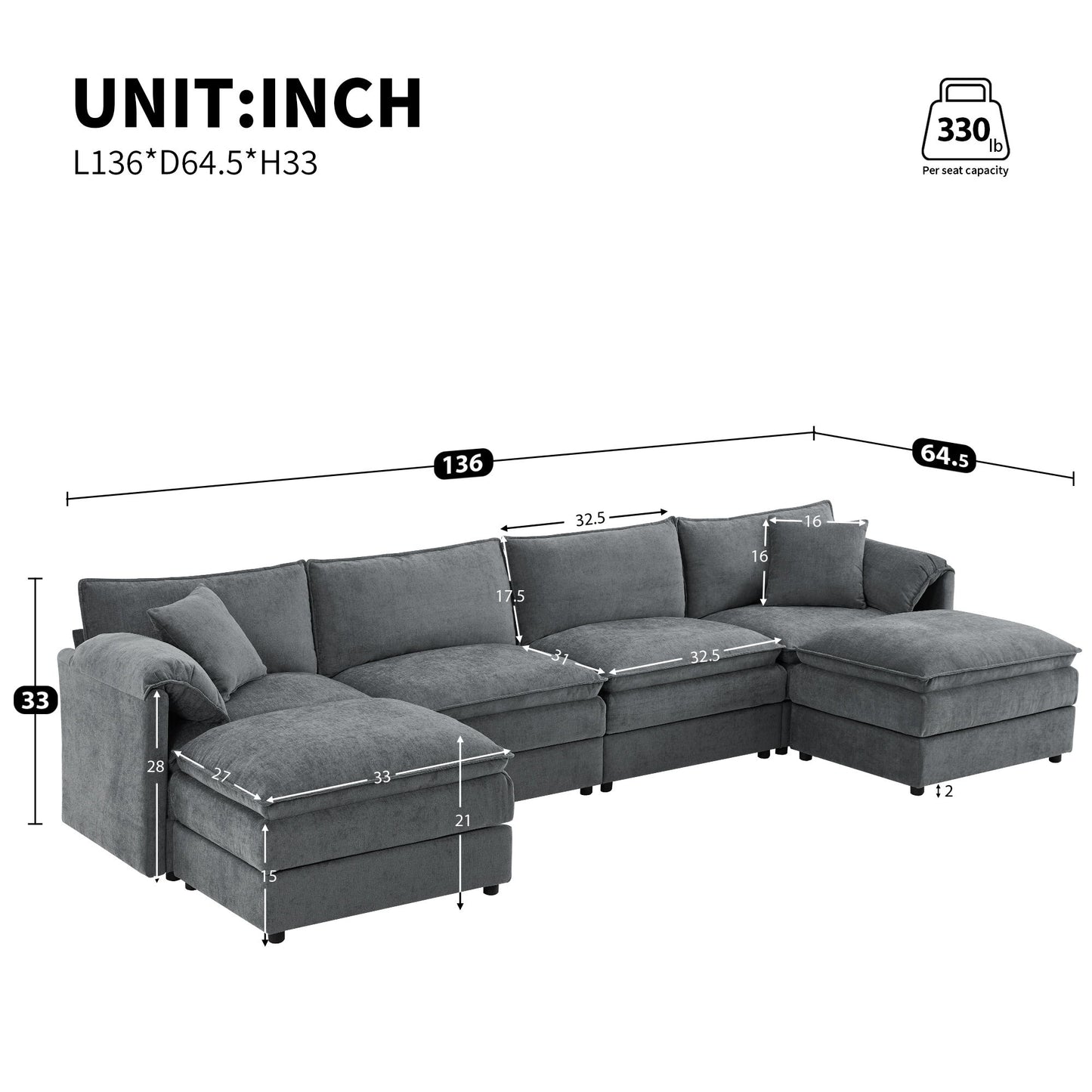 Modular Sectional With Deep And Wide Seat, Cloud Couch Set With Double Cushions Sofa With Movable Ottoman