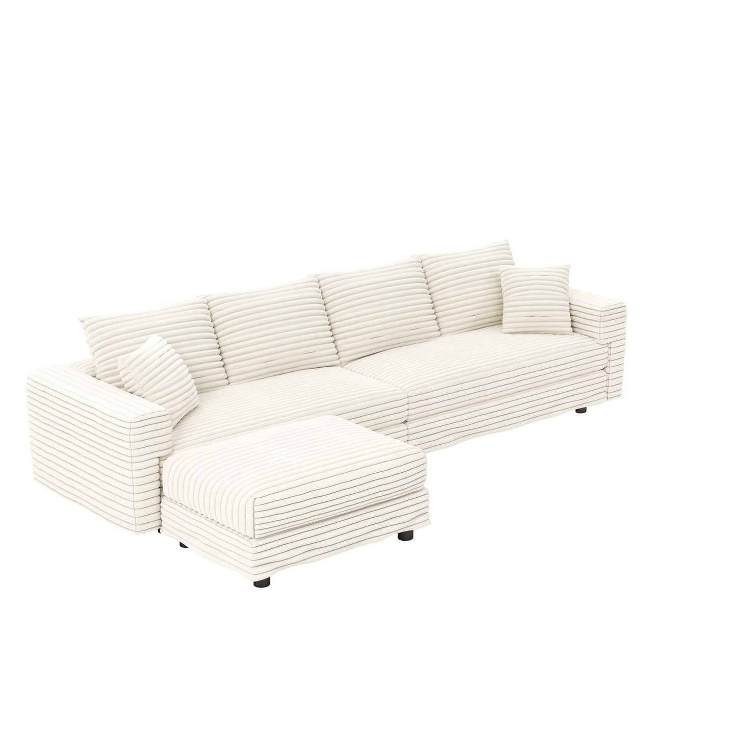 Plush Corduroy 4 Seat Sofa With Soft Pillows And Movable Ottoman